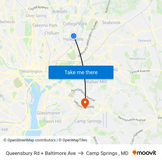 Queensbury Rd + Baltimore Ave to Camp Springs , MD map