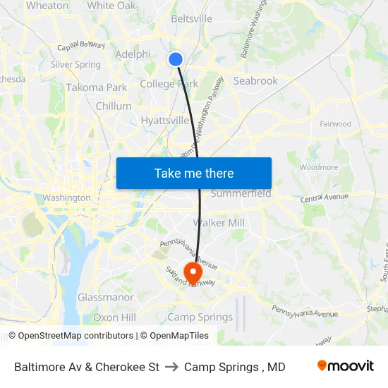 Baltimore Av & Cherokee St to Camp Springs , MD map