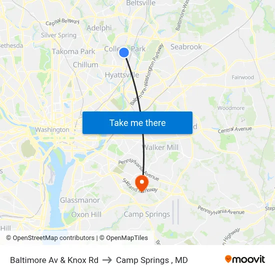 Baltimore Av & Knox Rd to Camp Springs , MD map