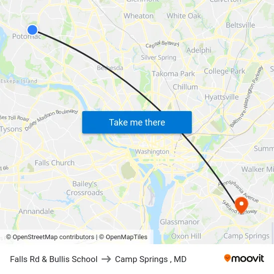 Falls Rd & Bullis School to Camp Springs , MD map