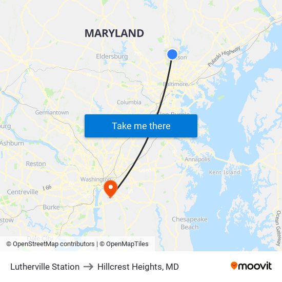 Lutherville Station to Hillcrest Heights, MD map