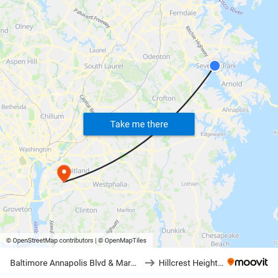 Baltimore Annapolis Blvd & Marbury Rd Sb to Hillcrest Heights, MD map