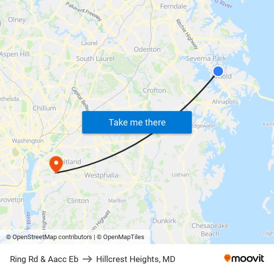Ring Rd & Aacc Eb to Hillcrest Heights, MD map