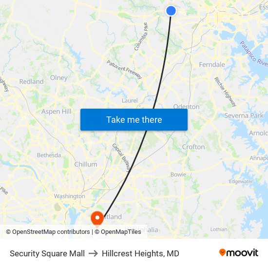 Security Square Mall to Hillcrest Heights, MD map