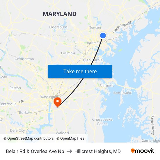 Belair Rd & Overlea Ave Nb to Hillcrest Heights, MD map