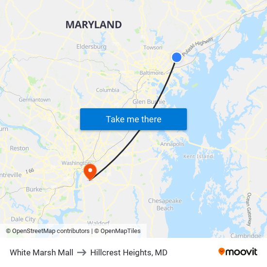 White Marsh Mall to Hillcrest Heights, MD map