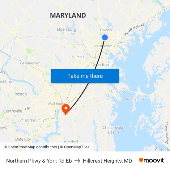 Northern Pkwy & York Rd Eb to Hillcrest Heights, MD map