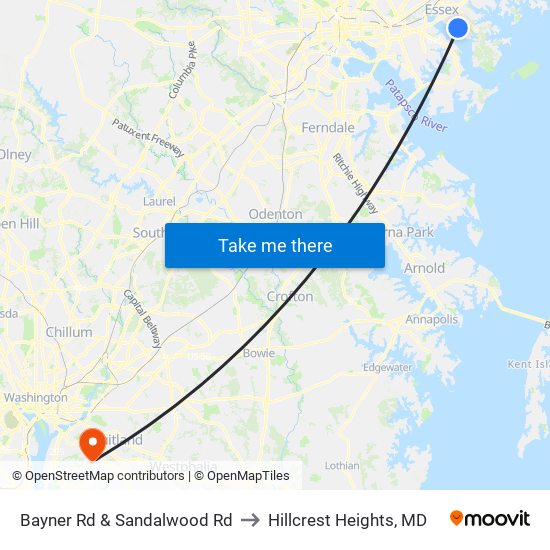 Bayner Rd & Sandalwood Rd to Hillcrest Heights, MD map