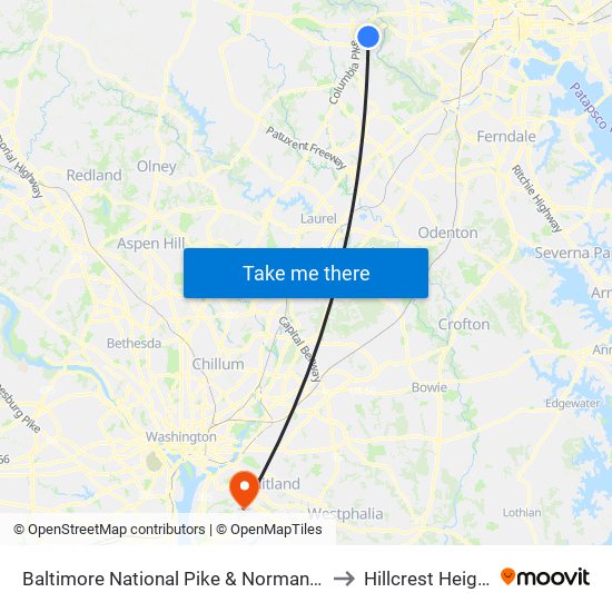 Baltimore National Pike & Normandy Woods Dr FS to Hillcrest Heights, MD map