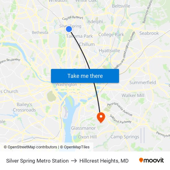 Silver Spring Metro Station to Hillcrest Heights, MD map