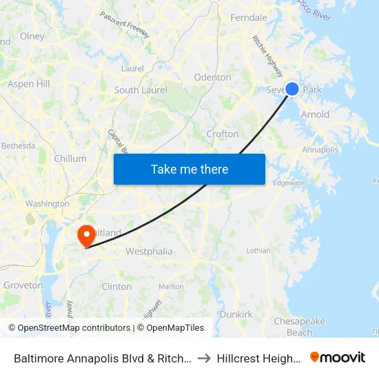 Baltimore Annapolis Blvd & Ritchie Hwy Nb to Hillcrest Heights, MD map