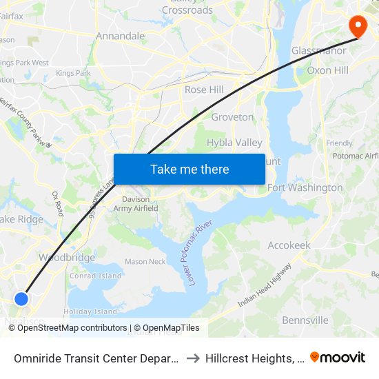 Omniride Transit Center Departures to Hillcrest Heights, MD map