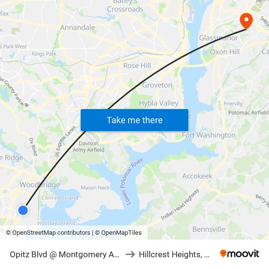 Opitz Blvd @ Montgomery Ave to Hillcrest Heights, MD map