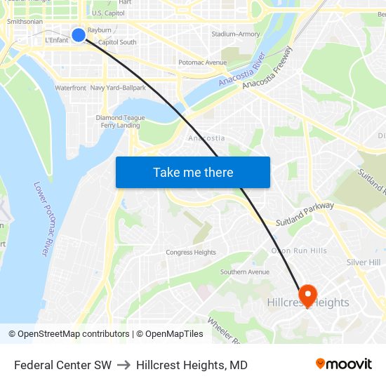 Federal Center SW to Hillcrest Heights, MD map