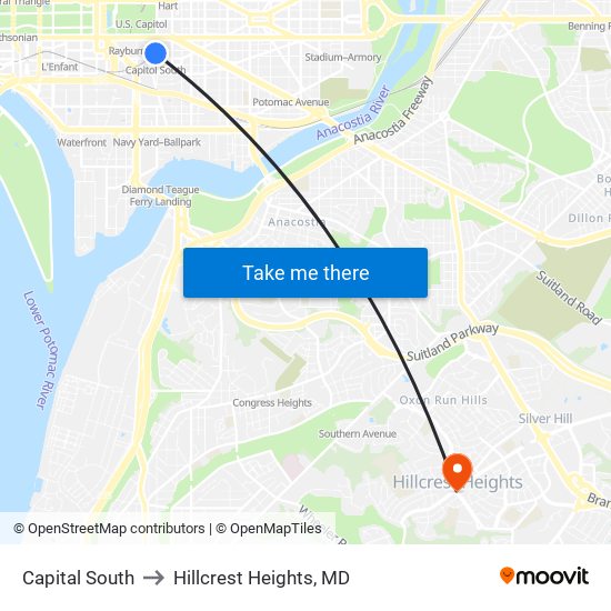 Capital South to Hillcrest Heights, MD map