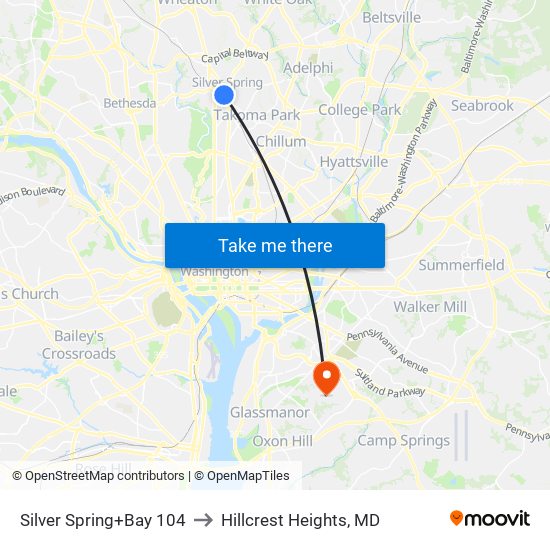 Silver Spring+Bay 104 to Hillcrest Heights, MD map