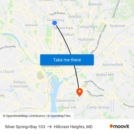 Silver Spring+Bay 103 to Hillcrest Heights, MD map