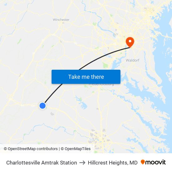 Charlottesville Amtrak Station to Hillcrest Heights, MD map