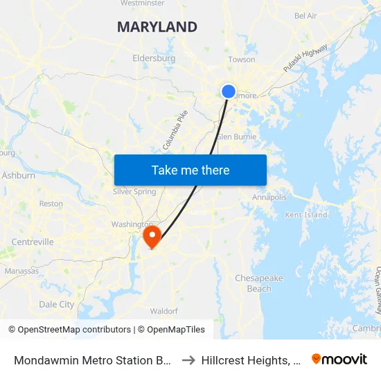 Mondawmin Metro Station Bay 9 to Hillcrest Heights, MD map