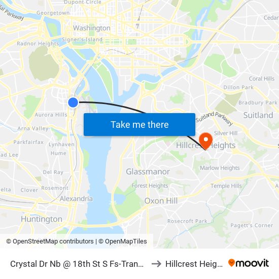 Crystal Dr Nb @ 18th St S Fs-Transitway Station E to Hillcrest Heights, MD map