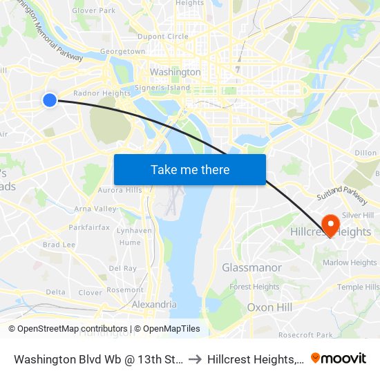 Washington Blvd Wb @ 13th St N Ns to Hillcrest Heights, MD map