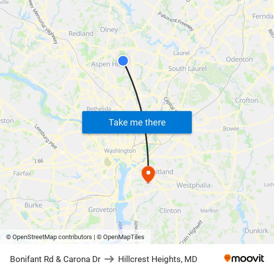 Bonifant Rd & Carona Dr to Hillcrest Heights, MD map