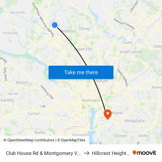 Club House Rd & Montgomery Village Ave to Hillcrest Heights, MD map