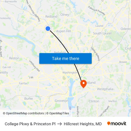 College Pkwy & Princeton Pl to Hillcrest Heights, MD map