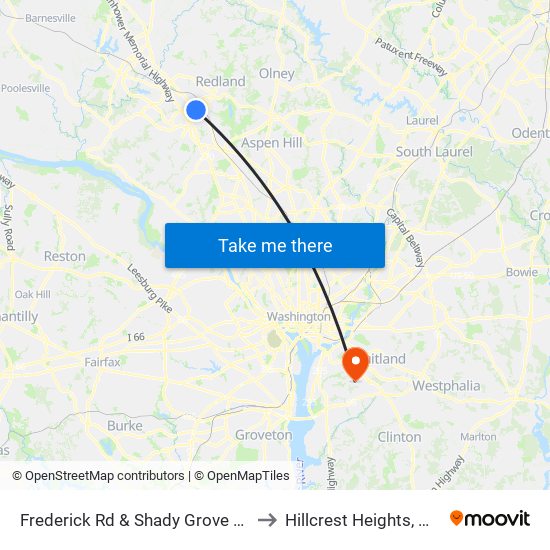 Frederick Rd & Shady Grove Rd to Hillcrest Heights, MD map