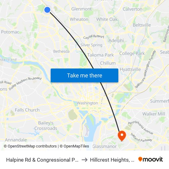 Halpine Rd & Congressional Plaza to Hillcrest Heights, MD map