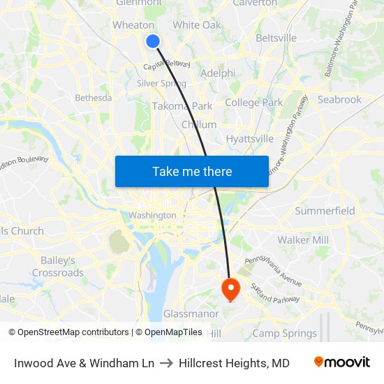 Inwood Ave & Windham Ln to Hillcrest Heights, MD map