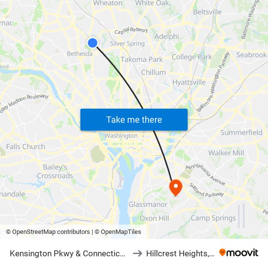 Kensington Pkwy & Connecticut Ave to Hillcrest Heights, MD map