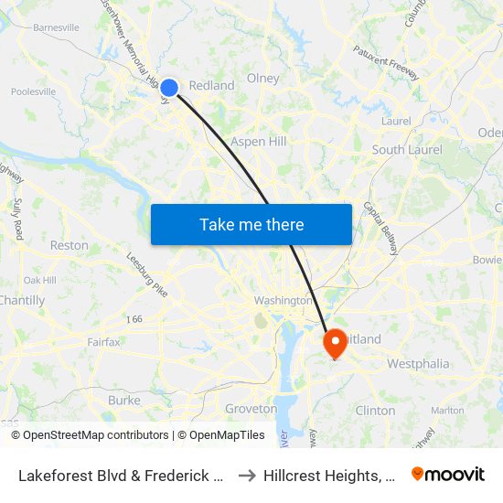 Lakeforest Blvd & Frederick Ave to Hillcrest Heights, MD map