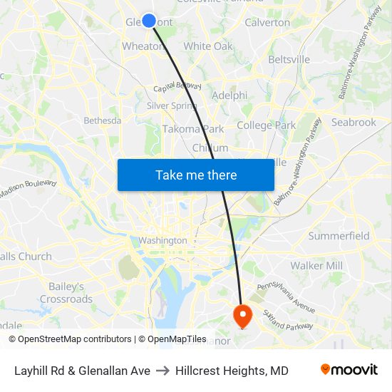 Layhill Rd & Glenallan Ave to Hillcrest Heights, MD map