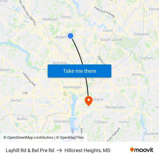 Layhill Rd & Bel Pre Rd to Hillcrest Heights, MD map