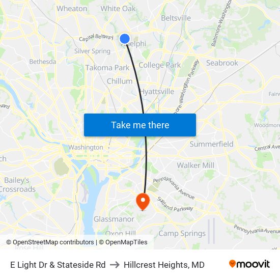 E Light Dr & Stateside Rd to Hillcrest Heights, MD map