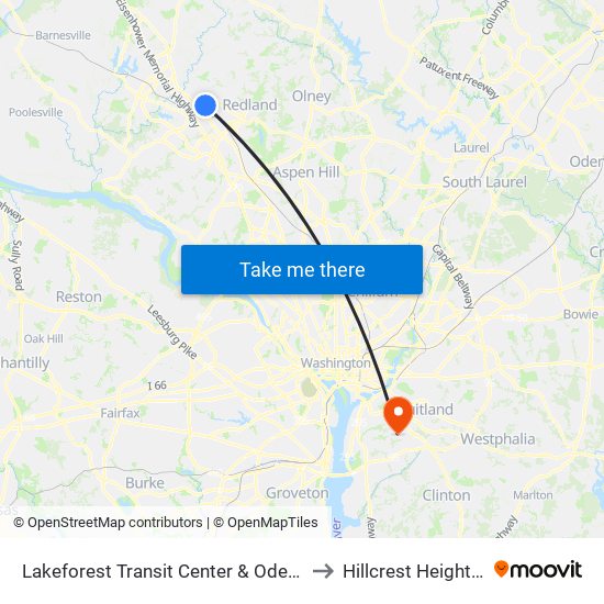 Lakeforest Transit Center & Odendhal Ave to Hillcrest Heights, MD map