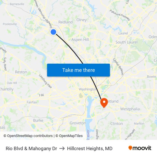 Rio Blvd & Mahogany Dr to Hillcrest Heights, MD map