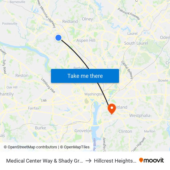 Medical Center Way & Shady Grove Rd to Hillcrest Heights, MD map