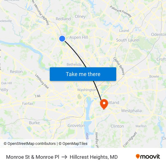 Monroe St & Monroe Pl to Hillcrest Heights, MD map