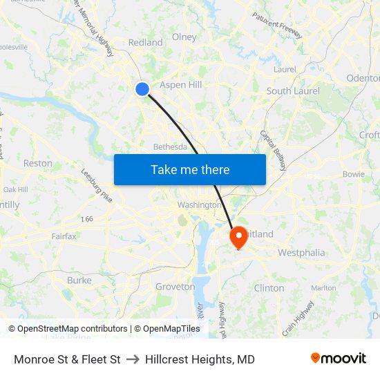 Monroe St & Fleet St to Hillcrest Heights, MD map