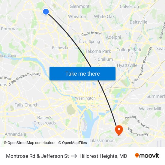 Montrose Rd & Jefferson St to Hillcrest Heights, MD map