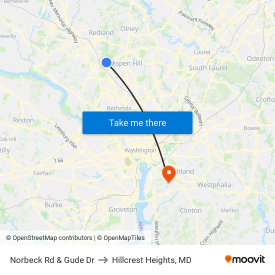 Norbeck Rd & Gude Dr to Hillcrest Heights, MD map