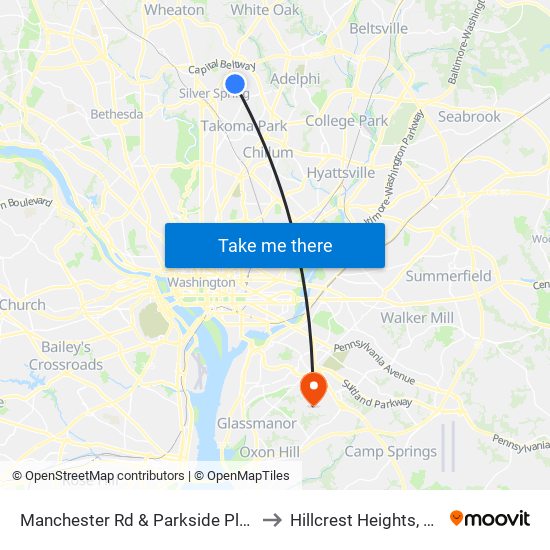 Manchester Rd & Parkside Plaza to Hillcrest Heights, MD map