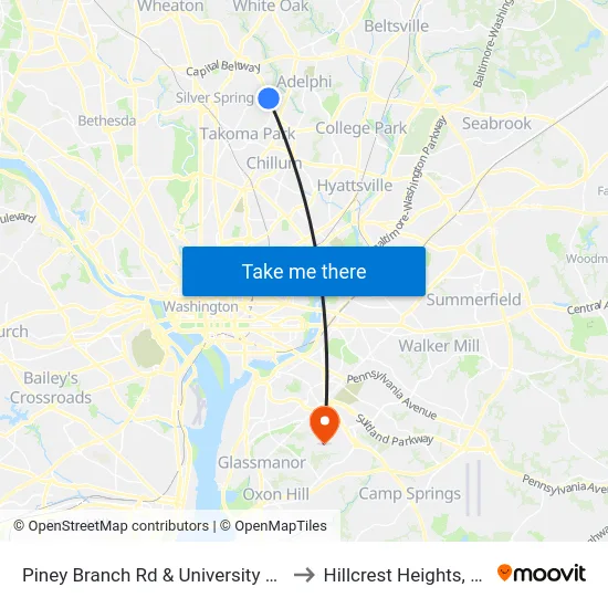 Piney Branch Rd & University Blvd to Hillcrest Heights, MD map