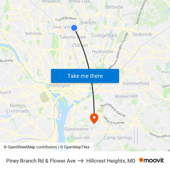 Piney Branch Rd & Flower Ave to Hillcrest Heights, MD map