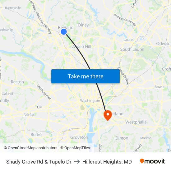 Shady Grove Rd & Tupelo Dr to Hillcrest Heights, MD map