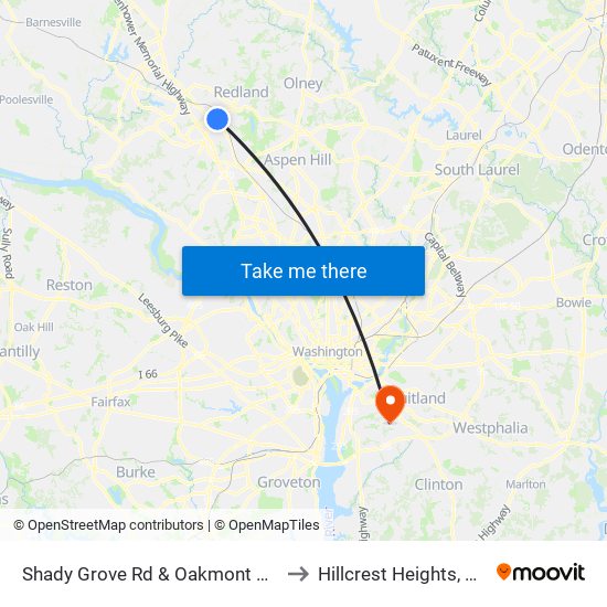 Shady Grove Rd & Oakmont Ave to Hillcrest Heights, MD map