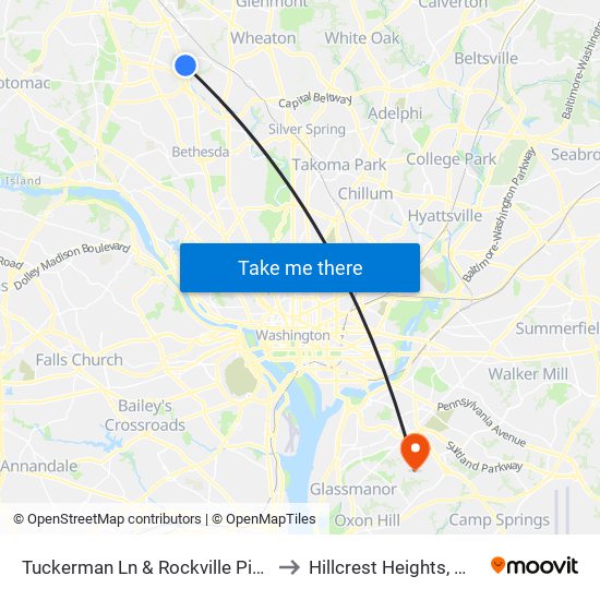 Tuckerman Ln & Rockville Pike to Hillcrest Heights, MD map