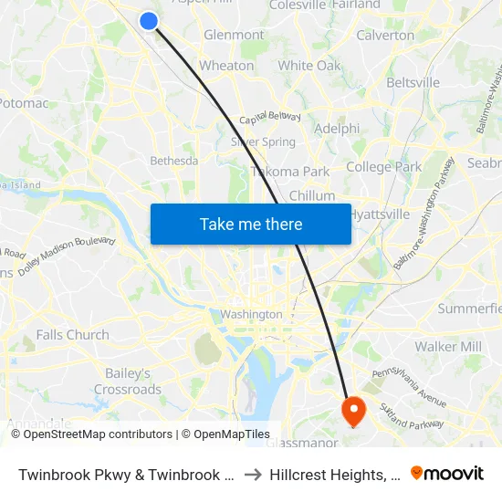 Twinbrook Pkwy & Twinbrook Park to Hillcrest Heights, MD map
